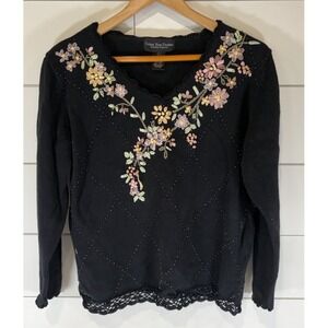 Celina Yang Designs Sweater Women's Large Black Floral Embroidered Knit Pullover